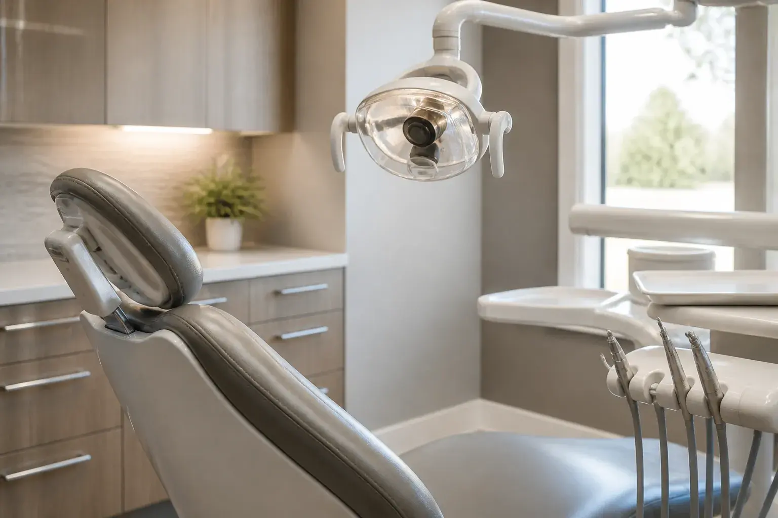 Pristine exam chair and overhead light in a clean operatory